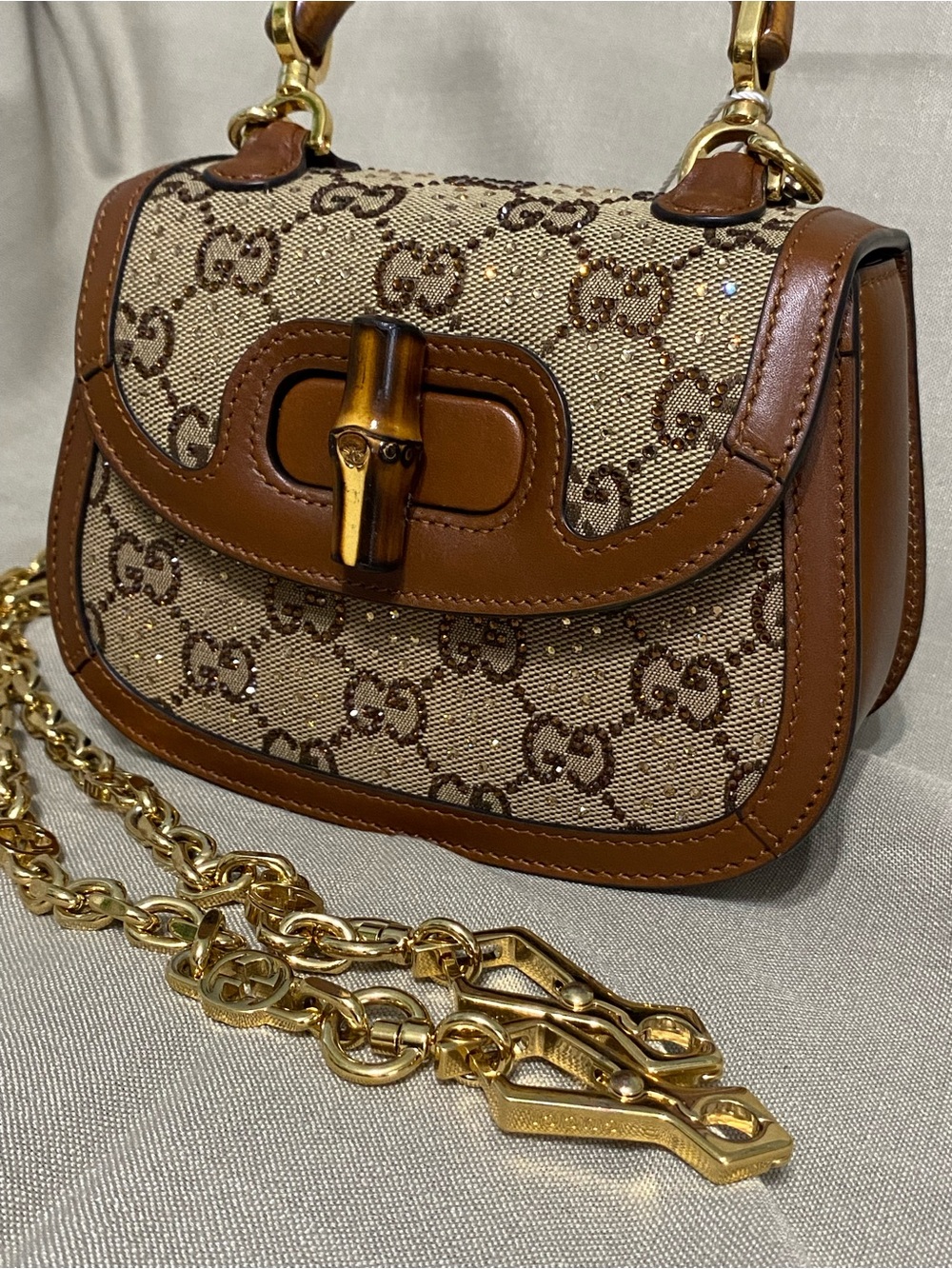 Mini Gucci Bamboo 1947 Top Handle Bag Crystal Embellished GG Canvas - Picture 3 of 16